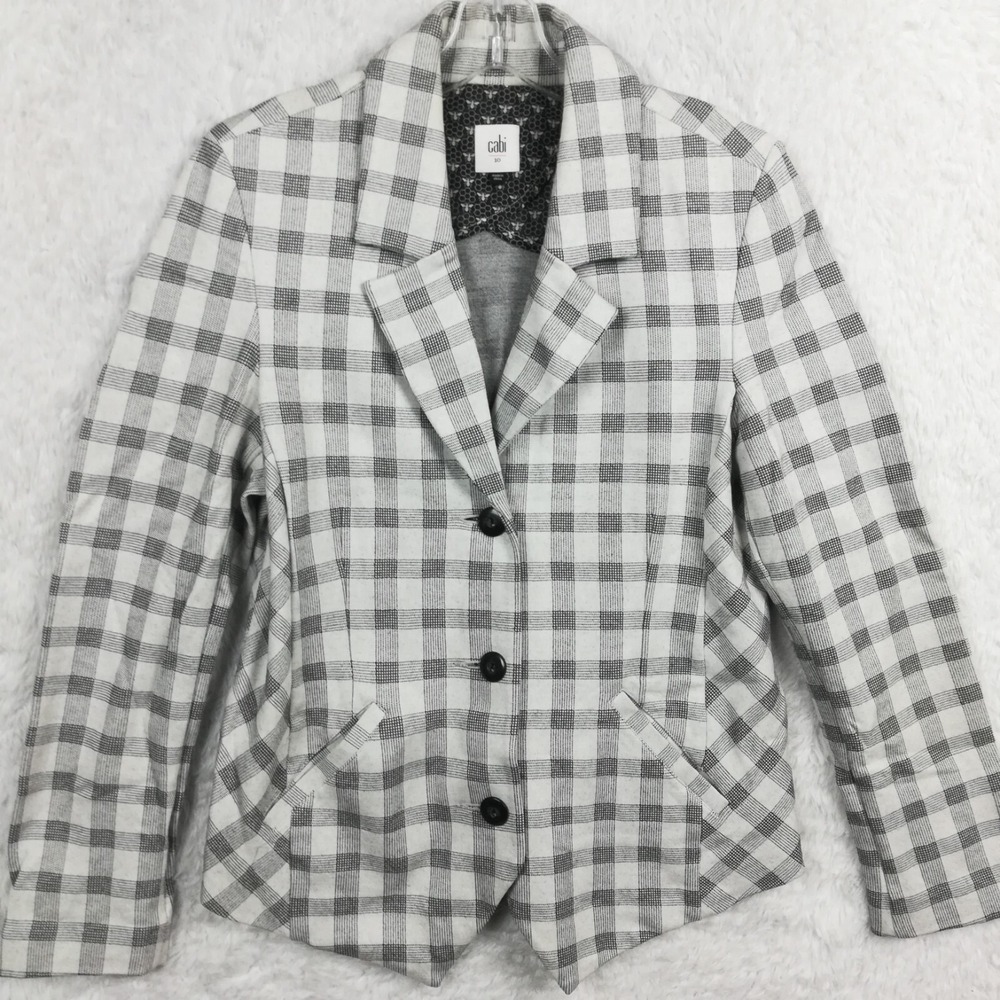 Cabi Womens Blazer Jacket Gray Check Plaid Button Front Preppy Academia‎ 10
